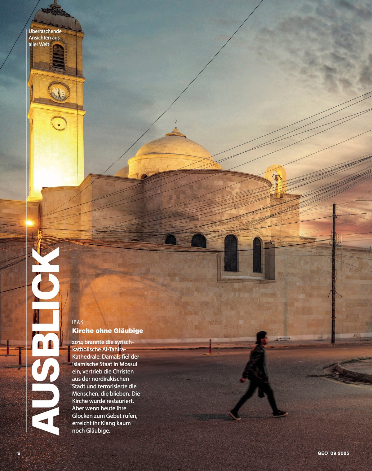 GEO Magazine September 2025 feature on Al-Tahira Cathedral in Mosul, photographed by Laurin Strele.