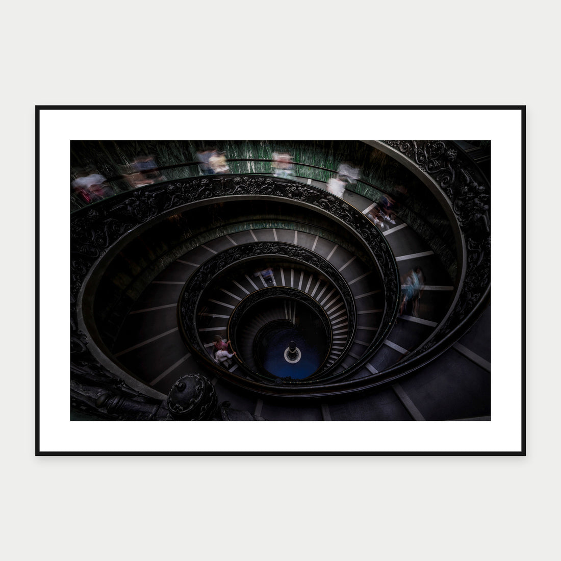 Black-framed display mockup of Bramante Staircase by Laurin Strele; frame shown for illustration.