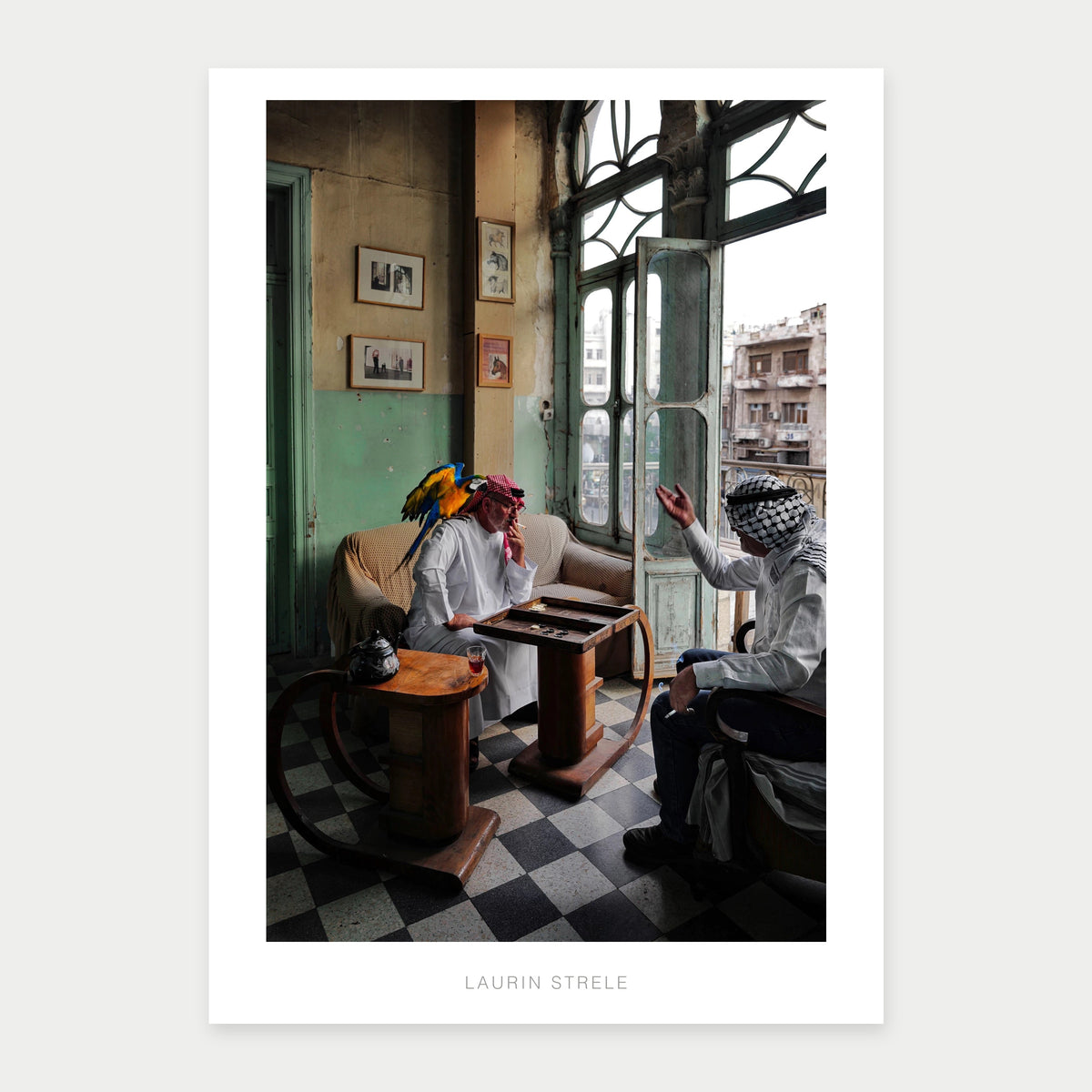 A1 photo poster of Dice and Feathers by Laurin Strele, shown with a white border and light-grey artist name.
