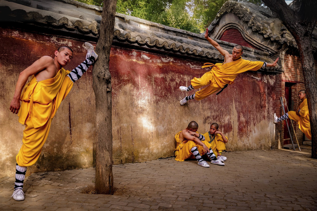 A1 poster of Flying Wall at Shaolin Monastery, Henan, China, by Laurin Strele, with a white border and light-grey artist name.