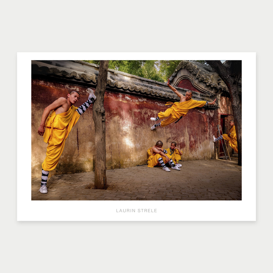A1 poster of Flying Wall at Shaolin Monastery, Henan, China, by Laurin Strele, with a white border and light-grey artist name.