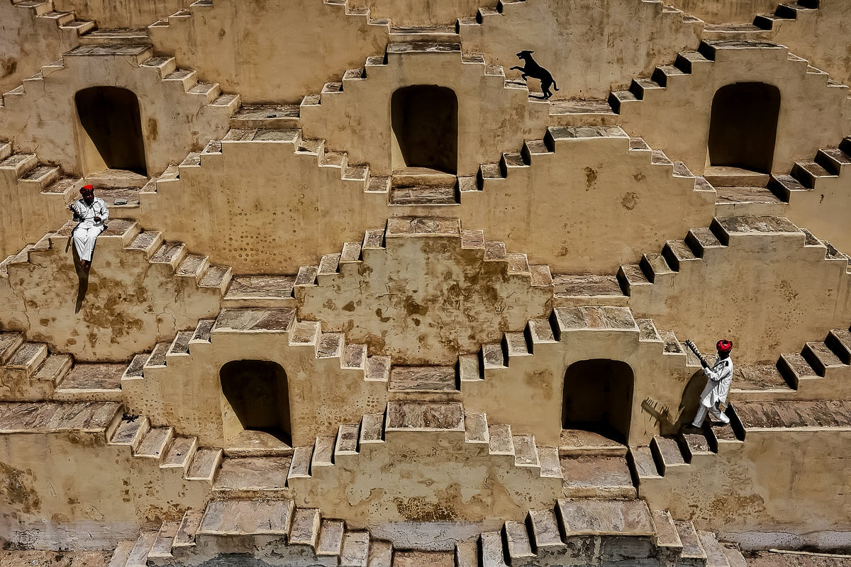 Two men and a dog cross a historic stepwell in Jaipur, Rajasthan, India, 2024. Photograph by Laurin Strele; image preview for the photo poster.