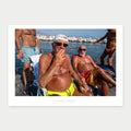 A1 poster of men relaxing beside the sea in Naples, Italy, by Laurin Strele, with a white border and light-grey artist name.