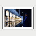 Black-framed display mockup of Sheikh Zayed Mosque by Laurin Strele; frame shown for illustration.
