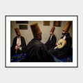 Black-framed display mockup of Sitting Sufis by Laurin Strele; frame shown for illustration.