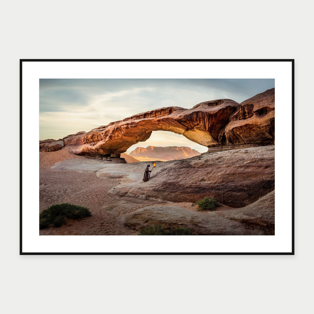 Black-framed display mockup of The Bridge, Wadi Rum by Laurin Strele; frame shown for illustration.
